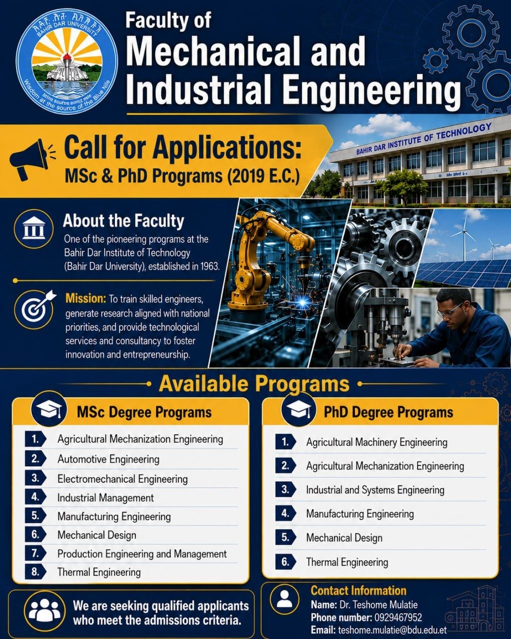 FMIE Announces Call for Applications for MSc and PhD Programs (2019 E.C.)